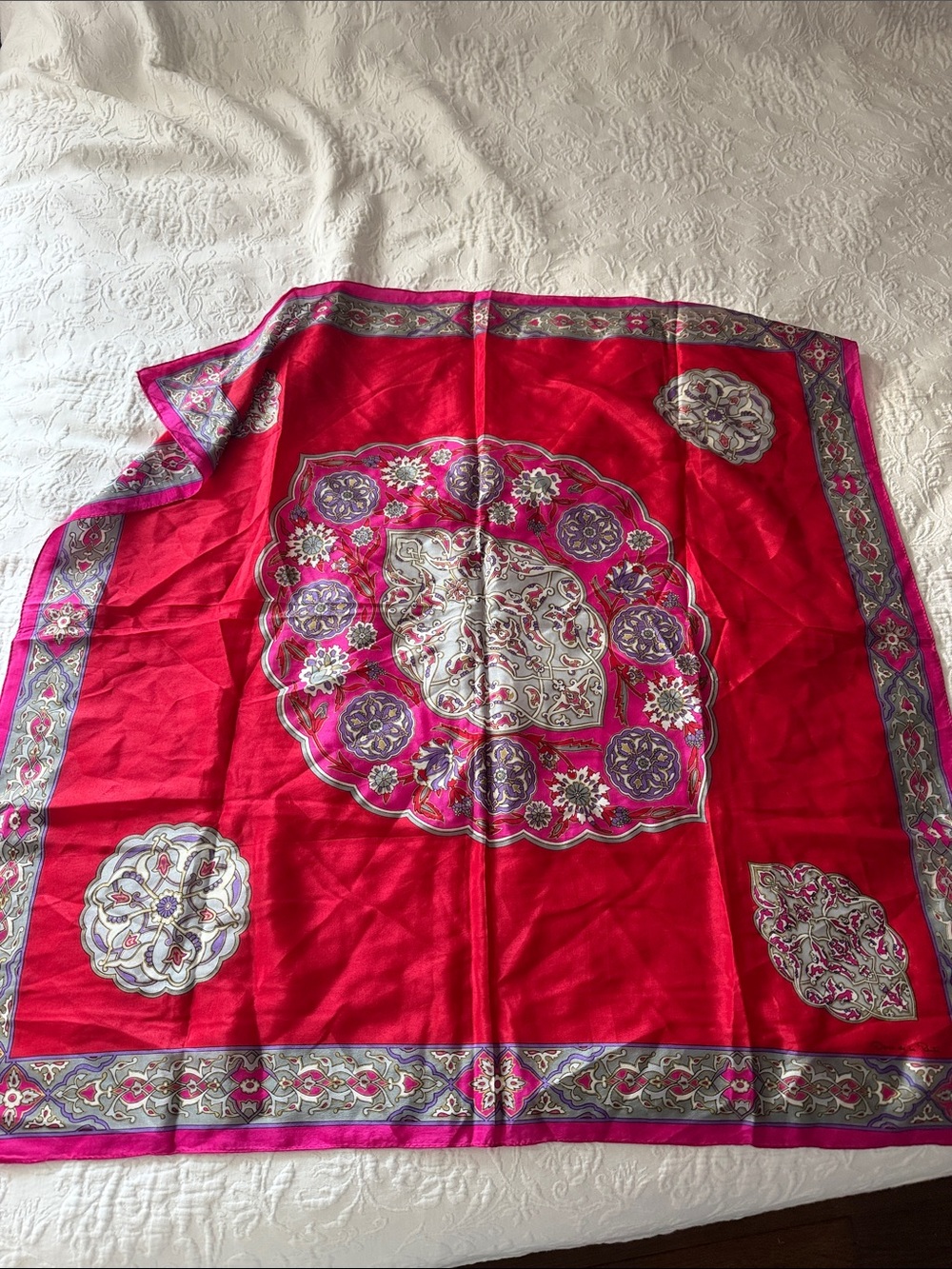 Vintage Oscar de la Renta Silk Scarf Square Floral Red Purple Pink 34"